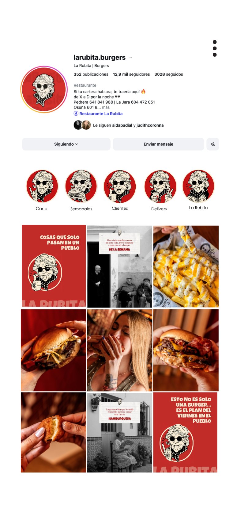 Feed de Instagram de La Rubita Burgers gestionado por Oneh Social Media