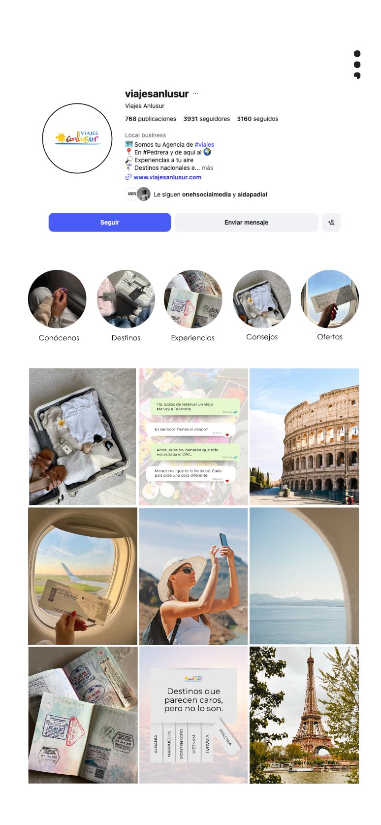 Feed de Instagram de Viajes Anlusur gestionado por Oneh Social Media