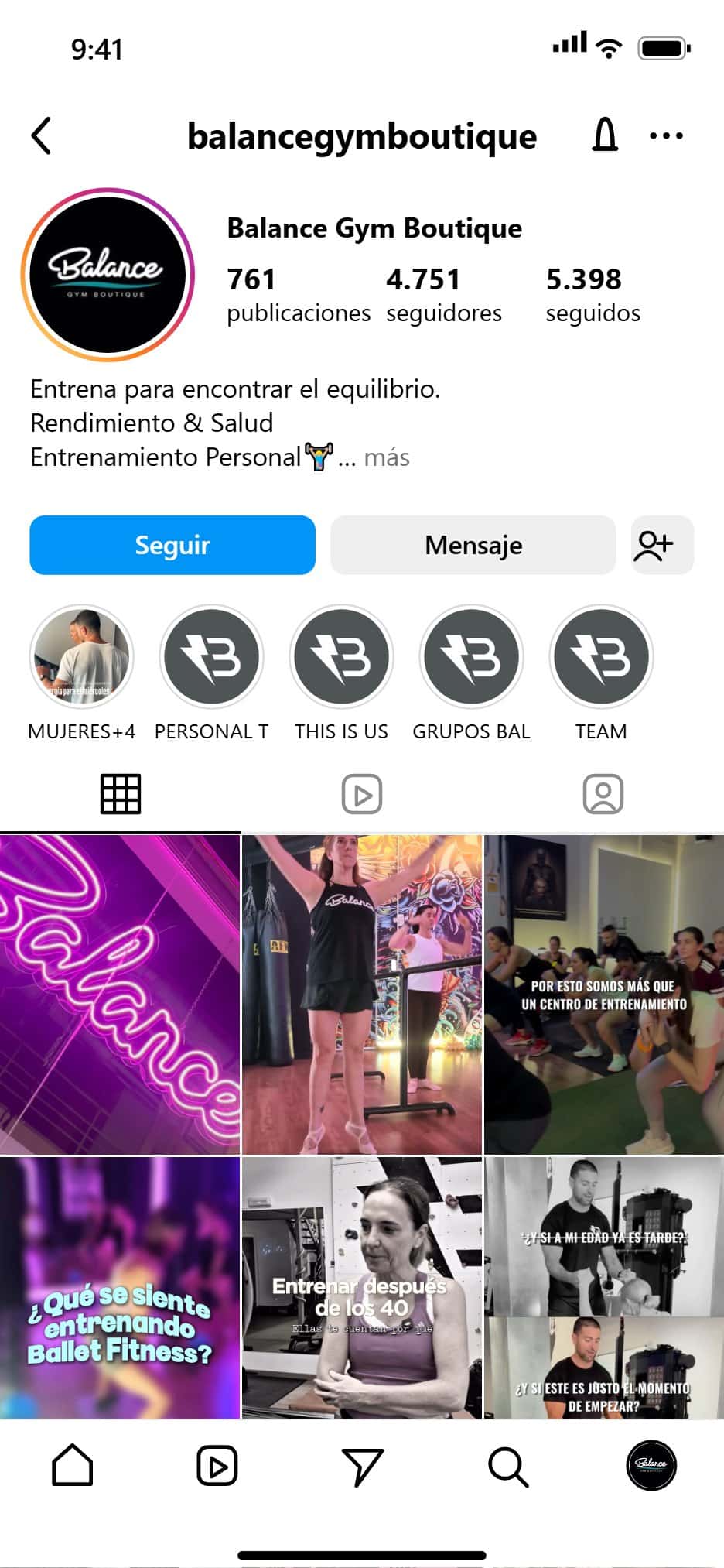 Mockup del feed de Instagram de Balance gestionado por Oneh Social Media