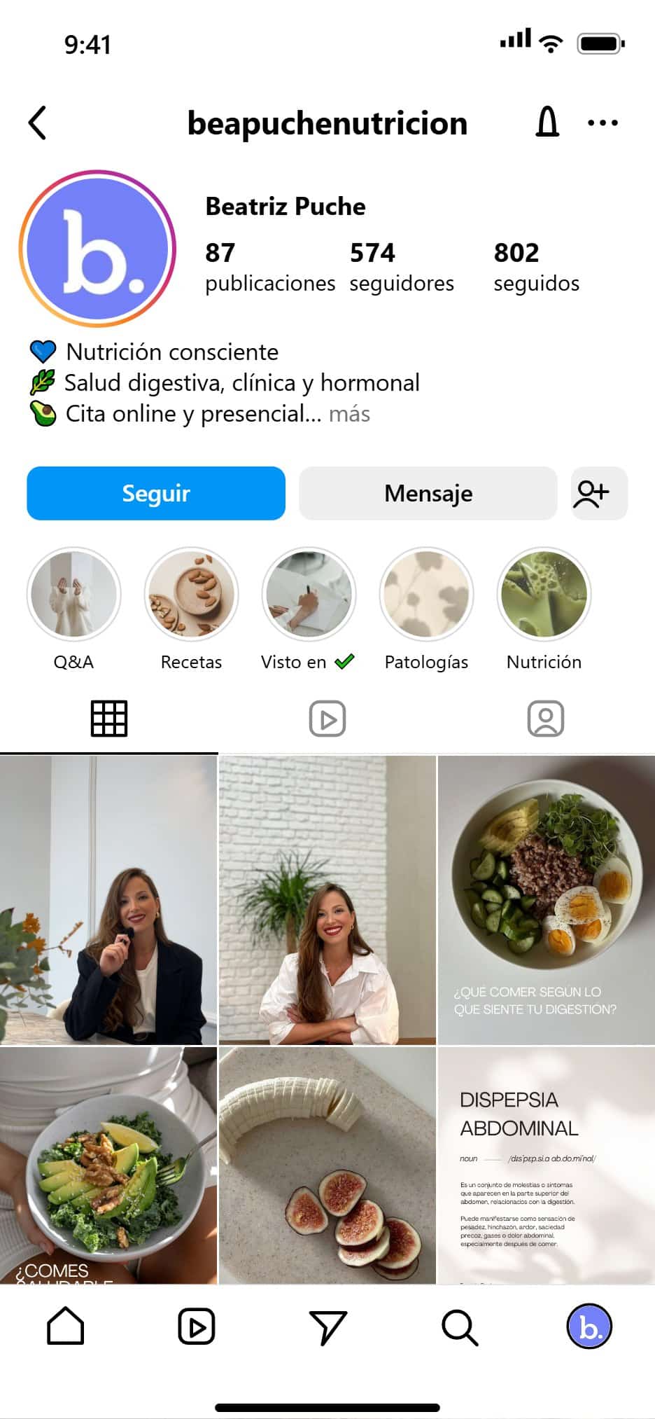 Mockup del feed de Instagram de Beatriz Puche gestionado por Oneh Social Media