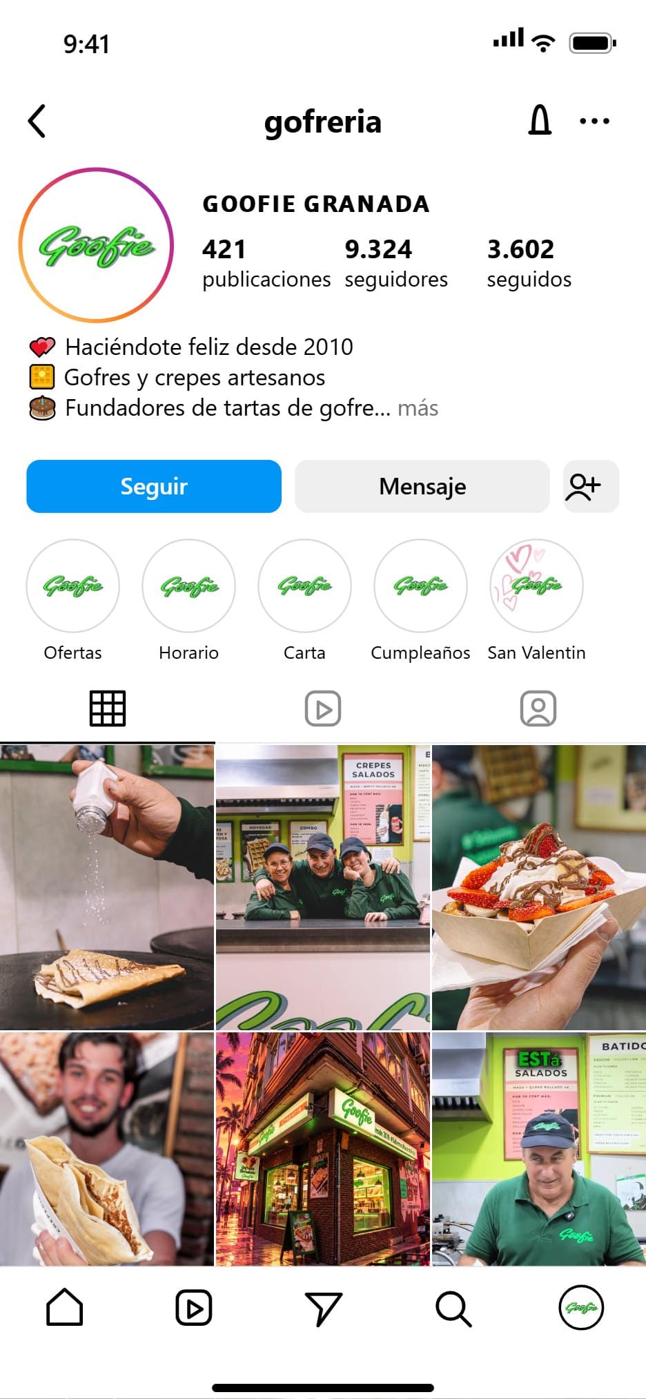 Mockup del feed de Instagram de Gofrería Goofie gestionado por Oneh Social Media