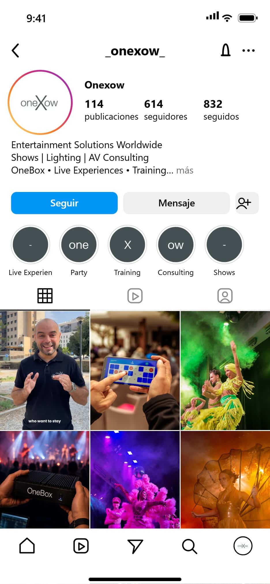 Mockup del feed de Instagram de OneXOW / OneBox gestionado por Oneh Social Media
