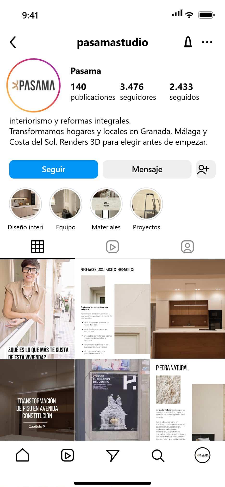 Mockup del feed de Instagram de Pasama Studio gestionado por Oneh Social Media