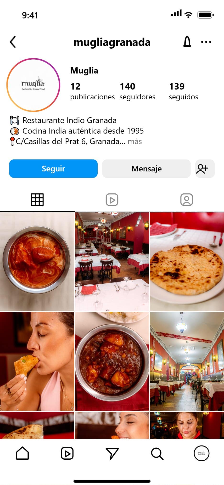 Mockup del feed de Instagram de Restaurante Muglia gestionado por Oneh Social Media
